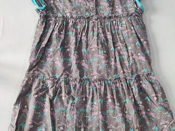 Robe m.c brune doublée turquoise motifs roses/turquoises, légèrement délavée