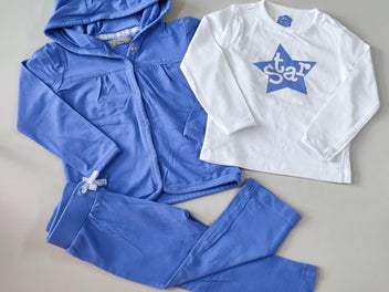 Gilet bleu à capuche + T-shirt m.l blanc 