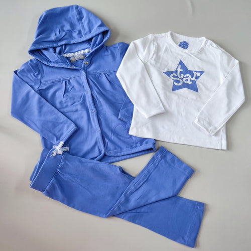Gilet bleu à capuche + T-shirt m.l blanc "Star" + Pantalon bleu jersey, moins cher chez Petit Kiwi