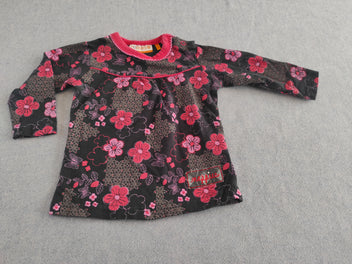 T-shirt m.l noir fleurs roses