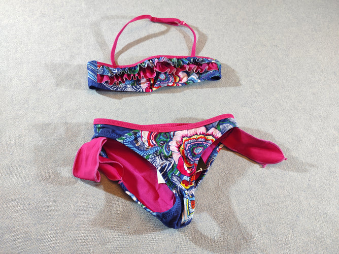 NEUF Bikini bandeau  froufrous , attaché à la nuque. , bleu à fleurs roses, vertes,... Taille S, moins cher chez Petit Kiwi