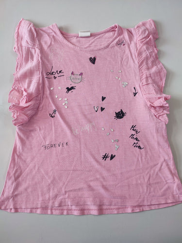 T-shirt m.c rose chat "Love" manches à volants, moins cher chez Petit Kiwi