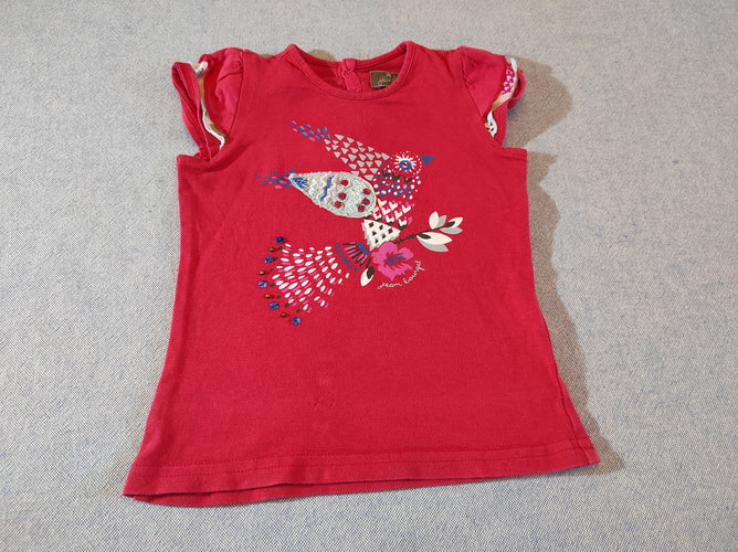T-shirt m.c rose  oiseau avec strass, moins cher chez Petit Kiwi