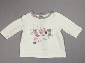 T-shirt m.l blanc - broderies sacs gris/rose - pressions dans le dos