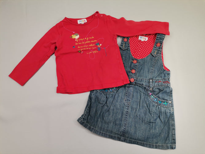 Ensemble robe jean et T-shirt m.l rouge broderie et boutons, moins cher chez Petit Kiwi