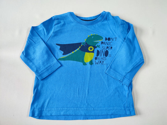 T-shirt m.l bleu dinosaure "Don't panic super dino is on his way...", moins cher chez Petit Kiwi