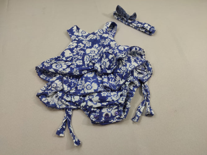 Ensemble 2 pcs Combishort bleue à fleurs blanches  et  bandeau assorti, moins cher chez Petit Kiwi