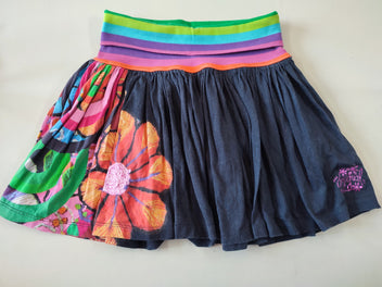 Jupe evasée noire fleur orange taille élastique multicolore