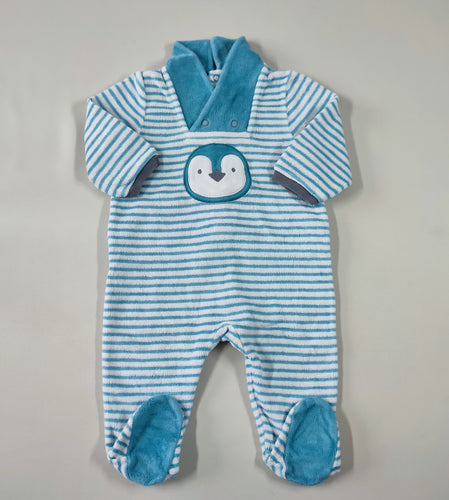 Pyjama velours ligné blanc/bleu tête de manchot col montant, moins cher chez Petit Kiwi