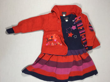 Ens 3pcs - Robe ml bleu foncé et bas ligné + gilet rouge + collant