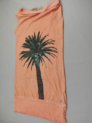Robe s.m orange clair chiné, palmier avec strass et sequins, moins cher chez Petit Kiwi