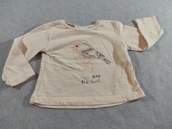 T-shirt m.l écru , oiseau coloré avec fines paillettes 
