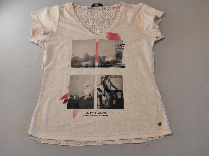 T-shirt m.c rose très pâle flammé, 4 images, "1977, Garcia Jeans", arrière en dentelle, moins cher chez Petit Kiwi