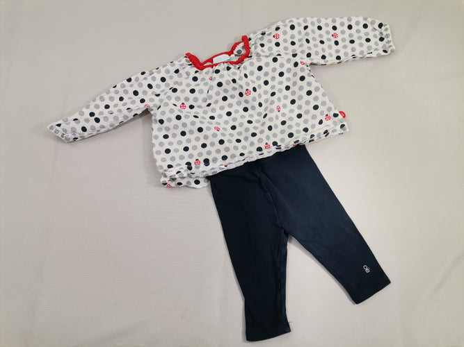 Ensemble 2pcs blouse blanche à pois coccinelle col rond rouge - legging bleu marine, moins cher chez Petit Kiwi
