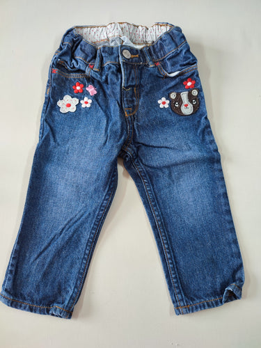 Jeans bleu écussons fleurs et ourson poches, moins cher chez Petit Kiwi