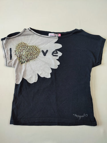 T-shirt m.c épaules dénudées noir grosse fleur grise "Love" à sequins, moins cher chez Petit Kiwi