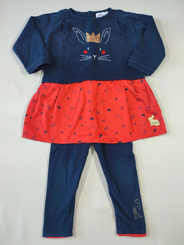 Robe m.l molleton bleu marine et rouge lapin couronne + legging bleu marine doublé, moins cher chez Petit Kiwi