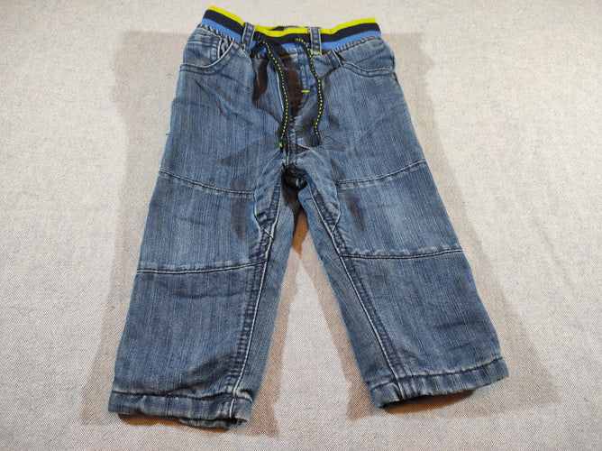 Jeans doublé, taille élastique  rayé jaune, bleu marine, bleu, moins cher chez Petit Kiwi