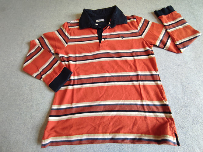 Polo m.l jersey ligné bleu marine, blanc, orange, moins cher chez Petit Kiwi