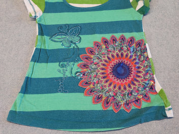 T-shirt m.c  ligné vert grosse fleur, papillon en strass