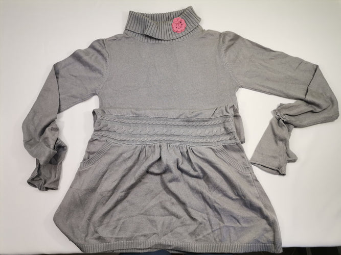 Robe m.l coton/laine col roulé avec noeud rose - grise - poches - broderie mitaines, moins cher chez Petit Kiwi