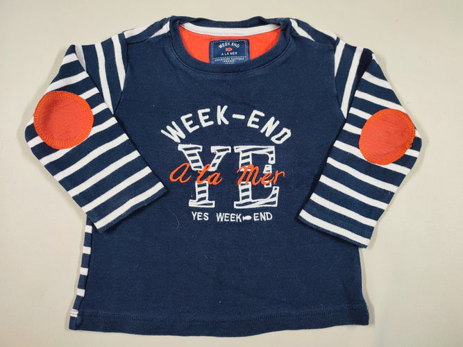 T-shirt m.l bleu marine manches et dos ligné "Week-end à la mer", moins cher chez Petit Kiwi