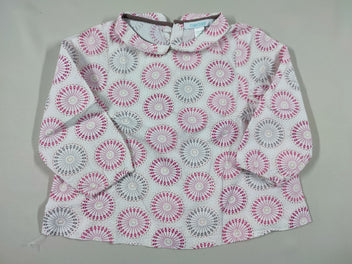 Blouse m.l blanche col motifs ronds gris et roses foncés