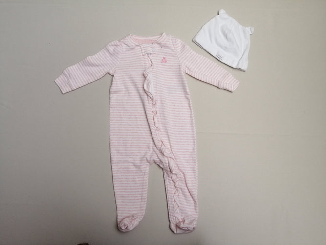 Pyjama jersey ligné blanc/rose + bonnet blanc, moins cher chez Petit Kiwi