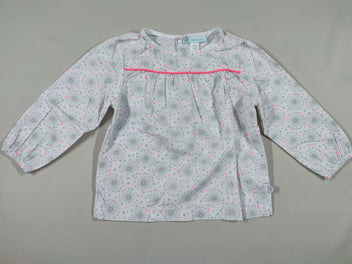 Blouse m.l blanche motifs ronds gris et roses fluos