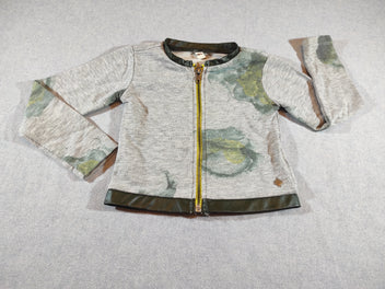 Gilet zippé gris flammé , fleurs vertes, bords simili cuir noir   (légèrement bouloché)