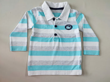 Polo m.l jersey ligné blanc/gris/bleu