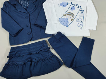 Veste blazer bleu marine + T-shirt m.l blanc fillette + Jupe à volants bleu marine + Legging bleu marine