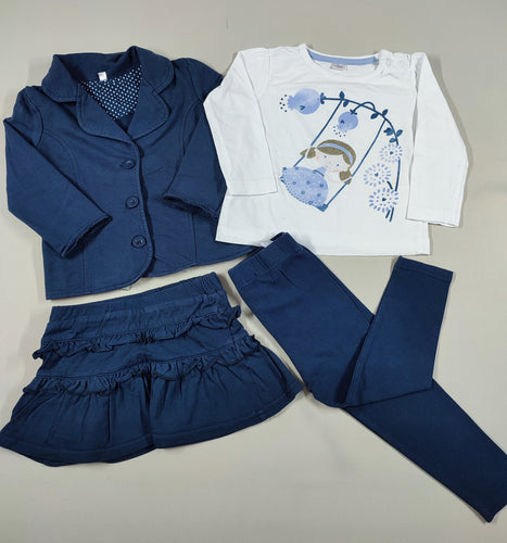 Veste blazer bleu marine + T-shirt m.l blanc fillette + Jupe à volants bleu marine + Legging bleu marine, moins cher chez Petit Kiwi