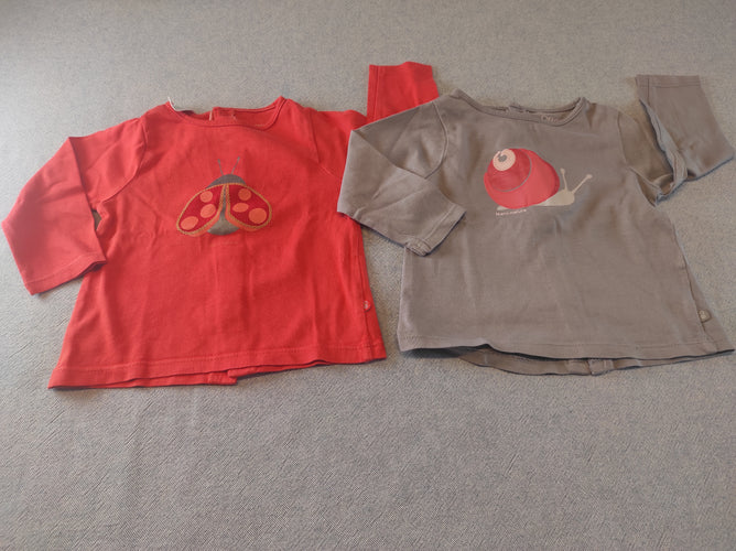 Lot de 2 pcs  un T-shirt m.l taupe escargot et un T-shirt m.l orange coccinelle, moins cher chez Petit Kiwi