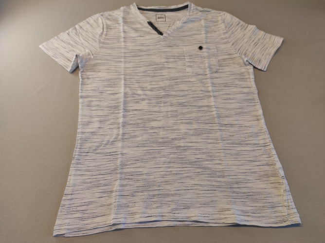 T-shirt m.c blanc fines lignes bleues, petite poche, moins cher chez Petit Kiwi