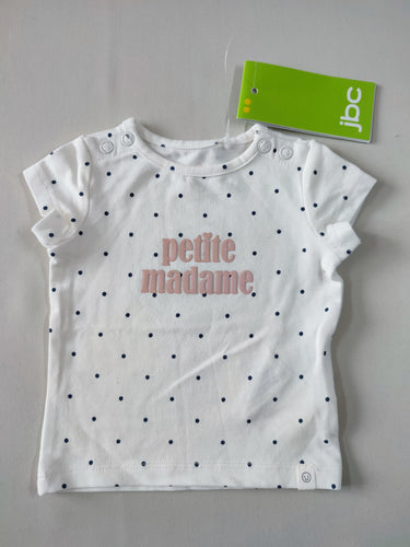 Neuf! T-shirt m.c blanc à pois noir "Petite madame", moins cher chez Petit Kiwi