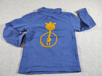 T-shirt m.l col roulé bleu, girafe jaune