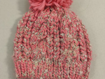 Bonnet pompon en tricot rose et blanc fil argenté 0-6 m