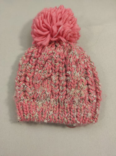 Bonnet pompon en tricot rose et blanc fil argenté 0-6 m, moins cher chez Petit Kiwi