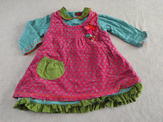 Robe m.l 2en1, robe à bretelle velours cotelée rose fleurs bleues sur robe m.l bleue col vert, moins cher chez Petit Kiwi