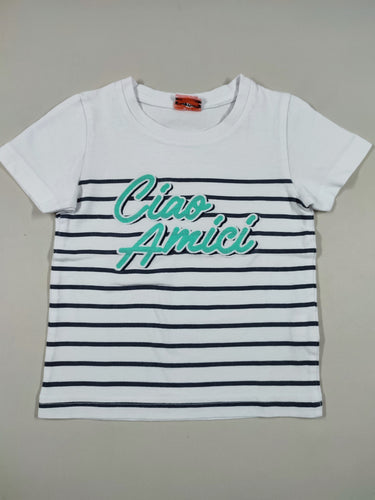 T-shirt m.c blanc ligné noir "Ciao amici", moins cher chez Petit Kiwi