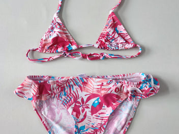 Bikini 2pcs blanc motifs feuilles rose/bleu