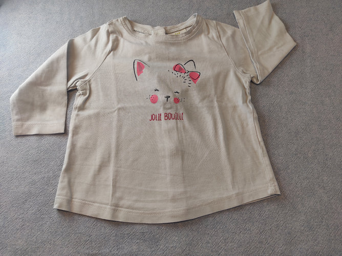 T-shirt m.l gris très clair tête de chat "jolie bouille", moins cher chez Petit Kiwi