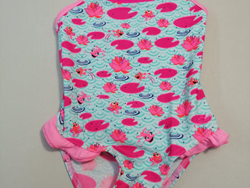 Maillot 1 pc rose/vert fluo poissons/grenouilles/nénuphars