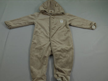 Combinaison  velours marron - capuche avec yeux et oreilles hiboux - intérieur blanc avec hiboux - boutons pressions - ecusson hiboux