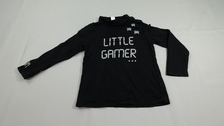 T-shirt col roulé m.l noir inscription "Little gamer" gris, moins cher chez Petit Kiwi