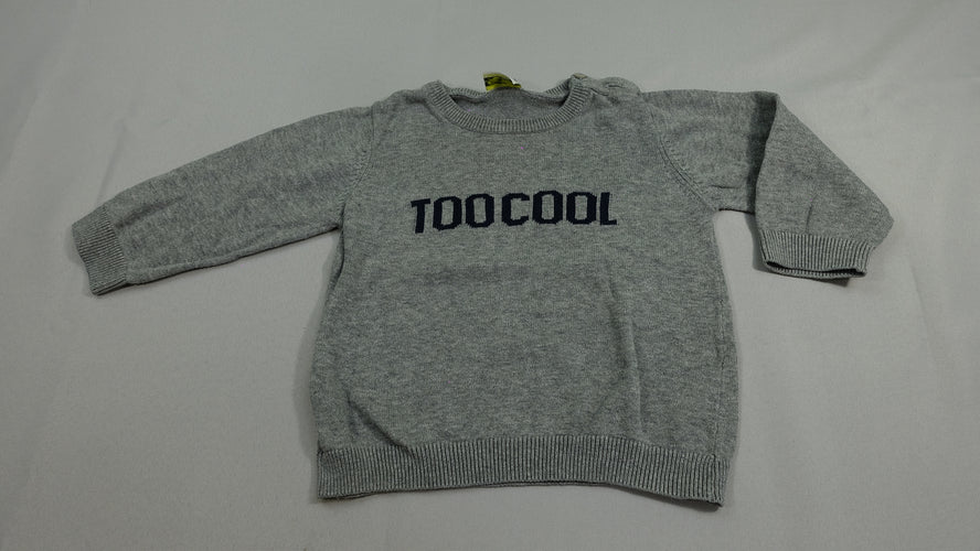 Pull coton col rond gris - "Too cool"  avant "For school " dos brodé bleu, moins cher chez Petit Kiwi