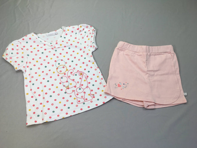 T-shirt m.c blanc pois éléphant (petite tache à l'arière) + jupe/short jersey rose pâle, moins cher chez Petit Kiwi