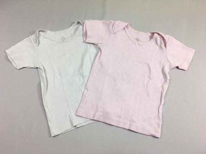 2 chemisettes m.c blanc/rose ajourées, légèrement boulochées, moins cher chez Petit Kiwi