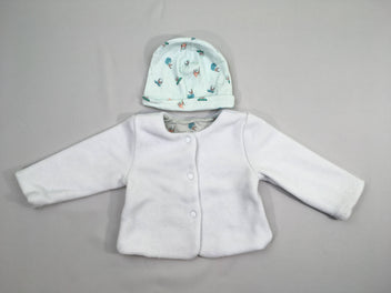 Ensemble gilet blanc velours + bonnet( neuf) bleu bateux, voiture,...